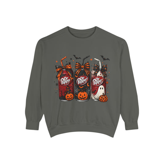 Halloween Dr Pepper Trio Sweatshirt — Spooky Pumpkin & Ghost Graphic