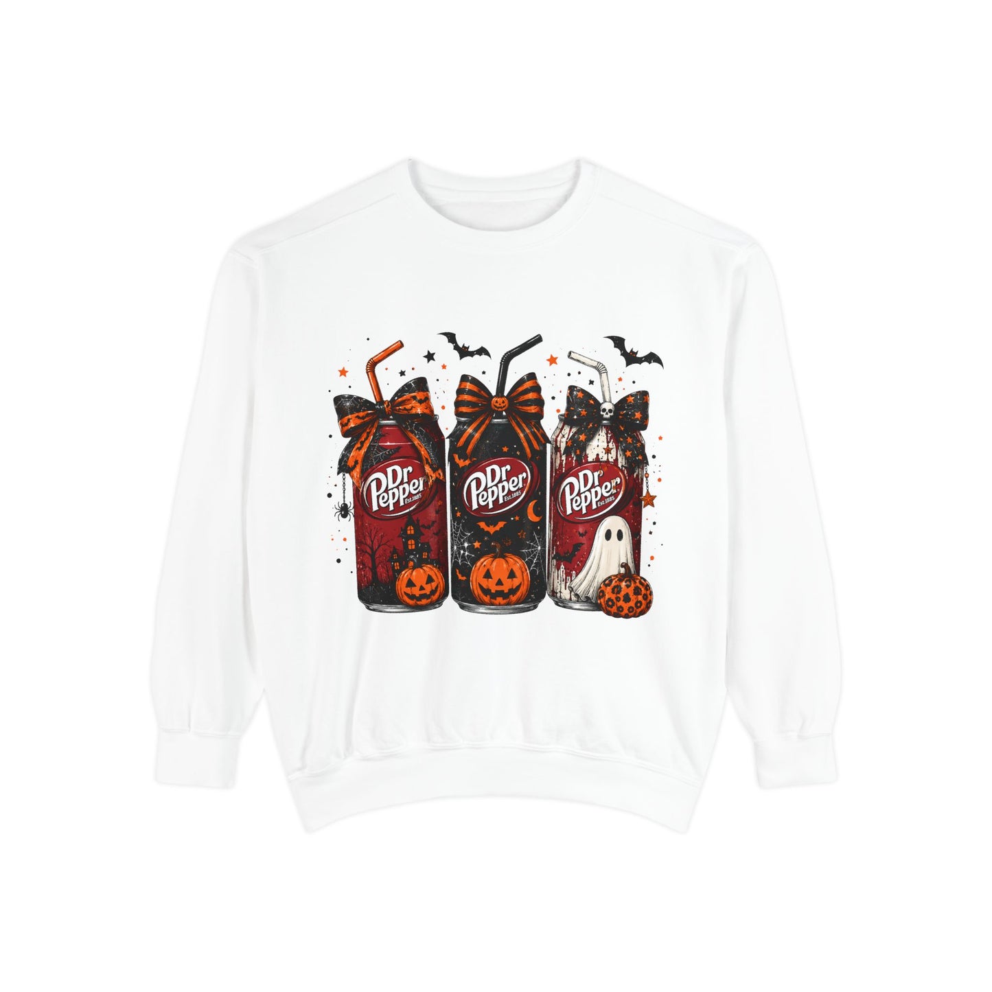 Halloween Dr Pepper Trio Sweatshirt — Spooky Pumpkin & Ghost Graphic