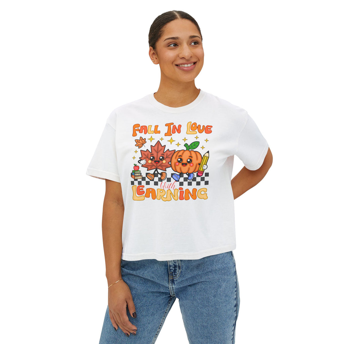 Fall In Love With Learning Tee — Cute Pumpkin & Leaves Teacher Shirt ( Boxy tee)