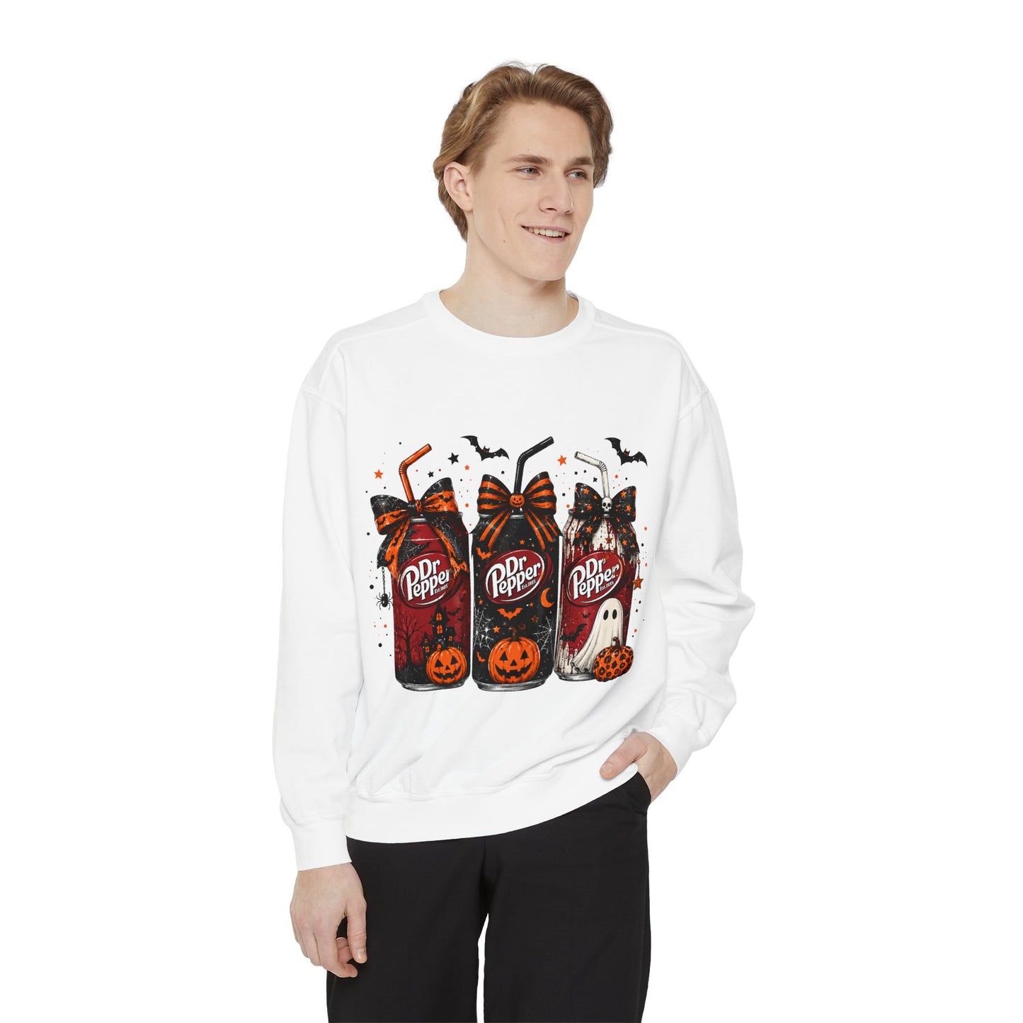 Halloween Dr Pepper Trio Sweatshirt — Spooky Pumpkin & Ghost Graphic
