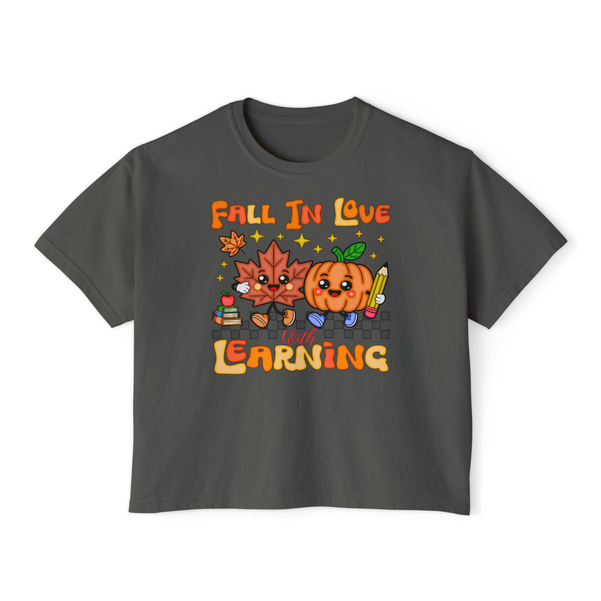 Fall In Love With Learning Tee — Cute Pumpkin & Leaves Teacher Shirt ( Boxy tee)