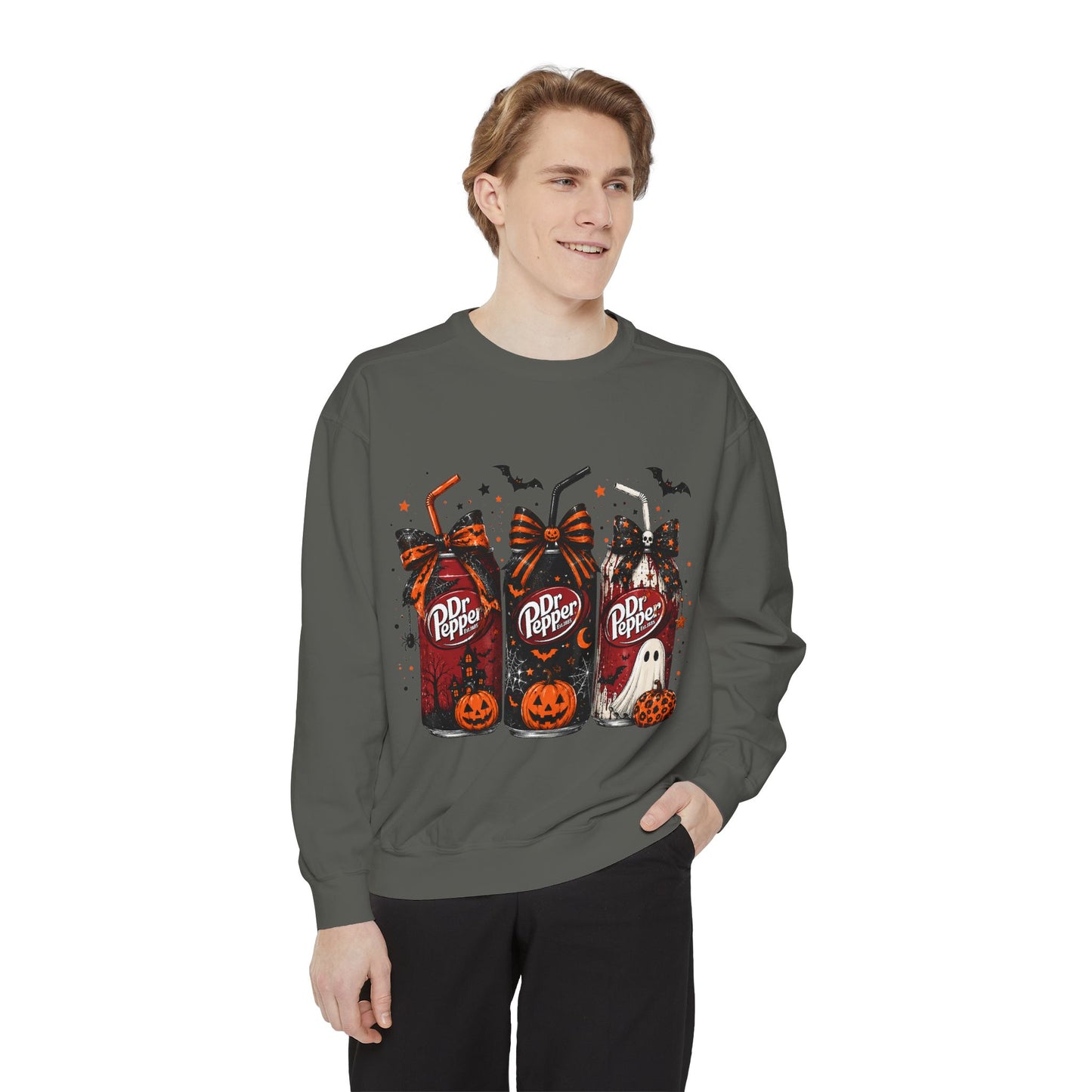 Halloween Dr Pepper Trio Sweatshirt — Spooky Pumpkin & Ghost Graphic
