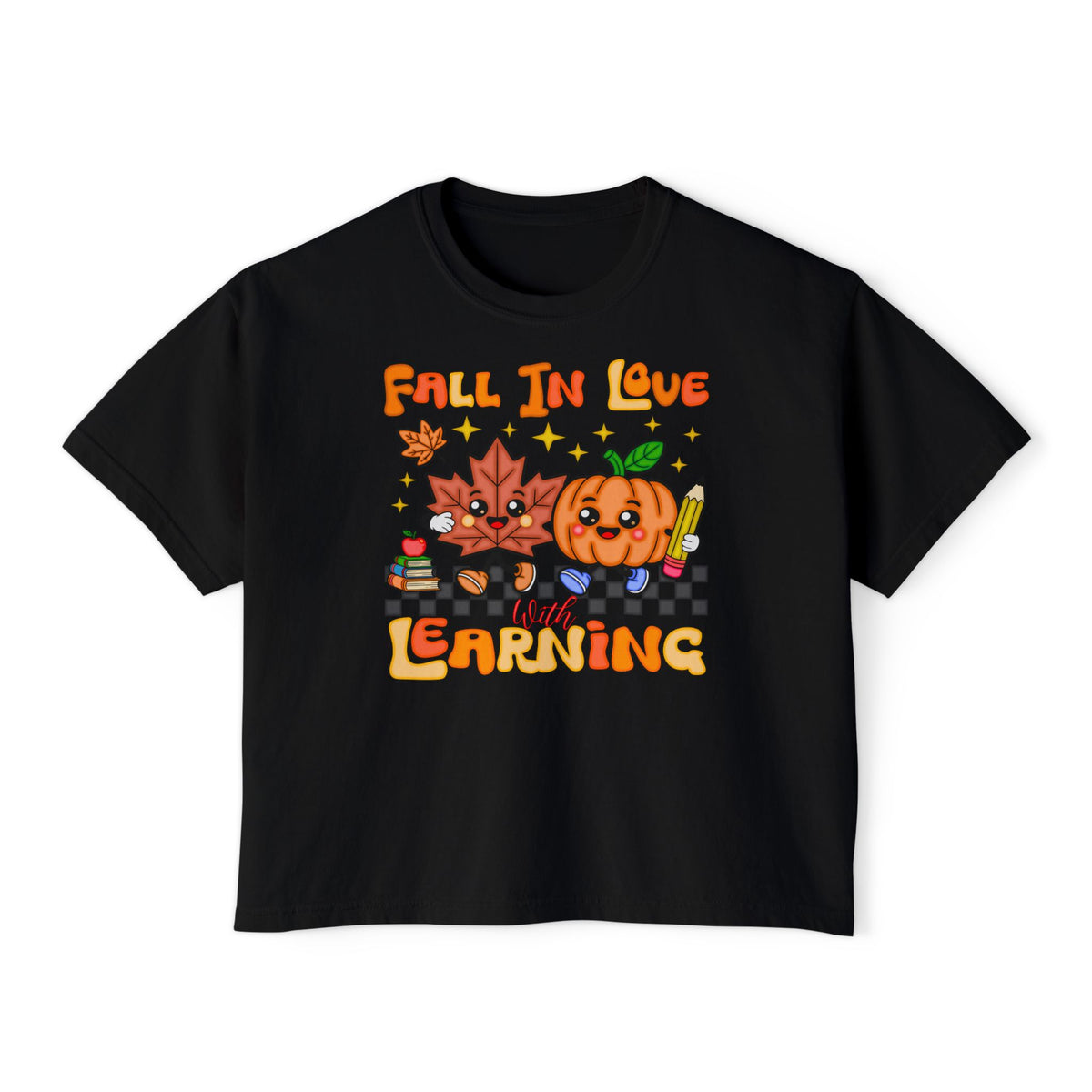 Fall In Love With Learning Tee — Cute Pumpkin & Leaves Teacher Shirt ( Boxy tee)