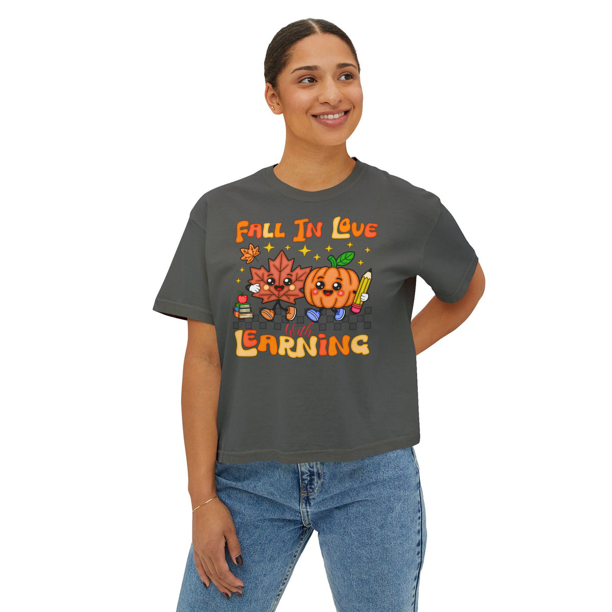 Fall In Love With Learning Tee — Cute Pumpkin & Leaves Teacher Shirt ( Boxy tee)