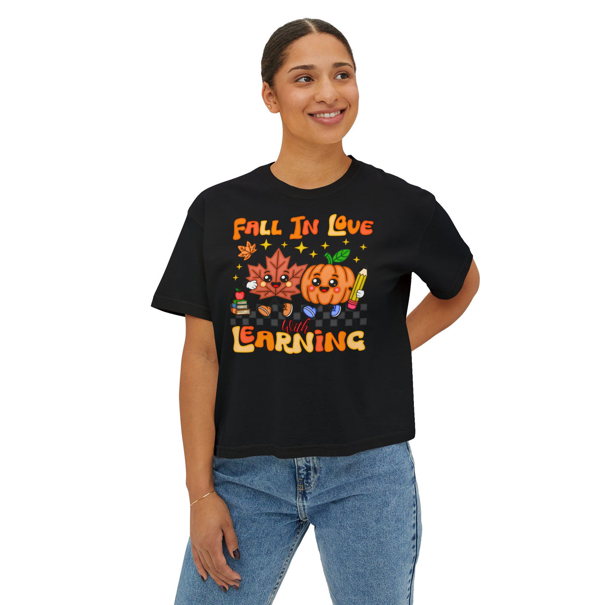 Fall In Love With Learning Tee — Cute Pumpkin & Leaves Teacher Shirt ( Boxy tee)