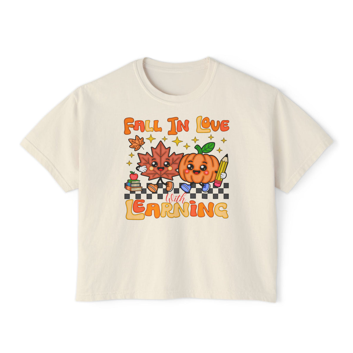 Fall In Love With Learning Tee — Cute Pumpkin & Leaves Teacher Shirt ( Boxy tee)