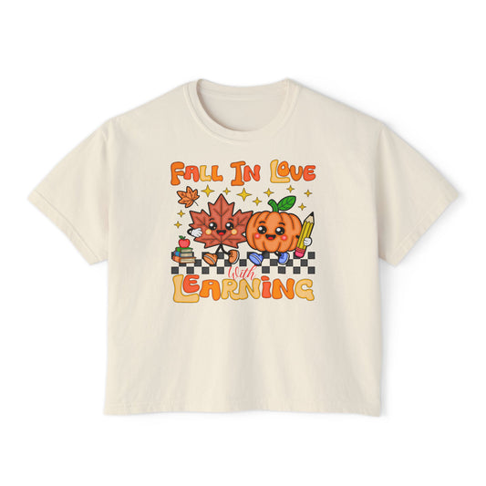 Fall In Love With Learning Tee — Cute Pumpkin & Leaves Teacher Shirt ( Boxy tee)