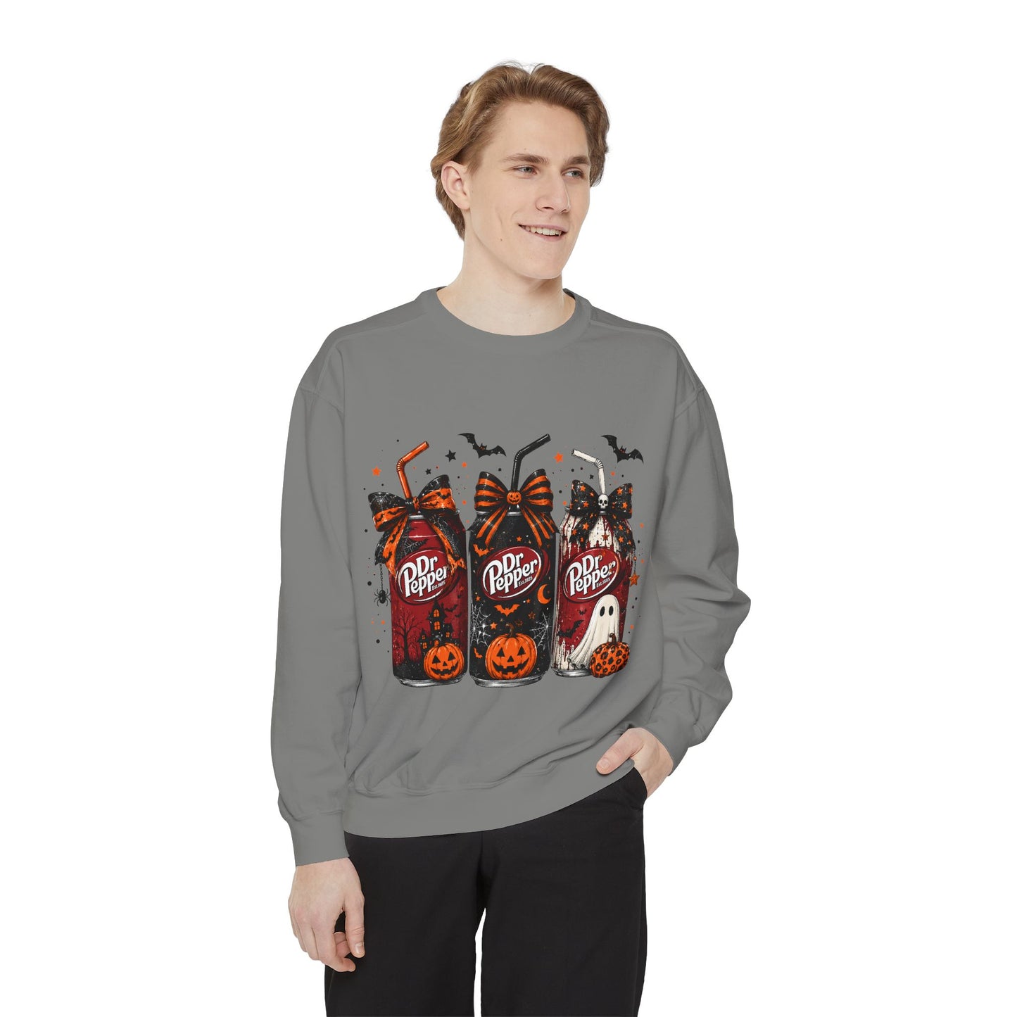 Halloween Dr Pepper Trio Sweatshirt — Spooky Pumpkin & Ghost Graphic