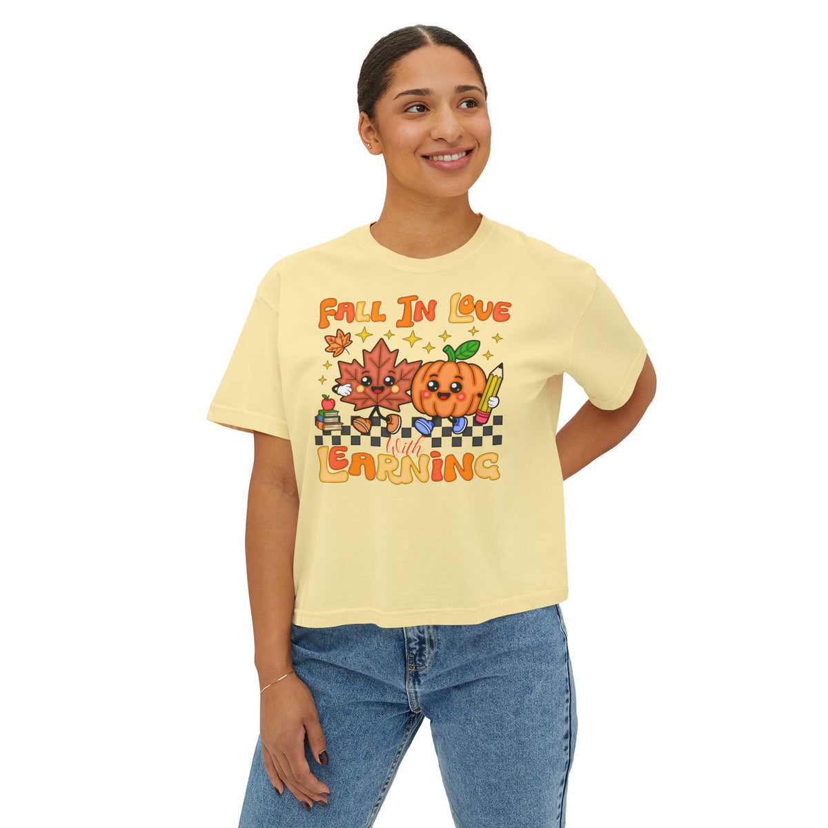 Fall In Love With Learning Tee — Cute Pumpkin & Leaves Teacher Shirt ( Boxy tee)
