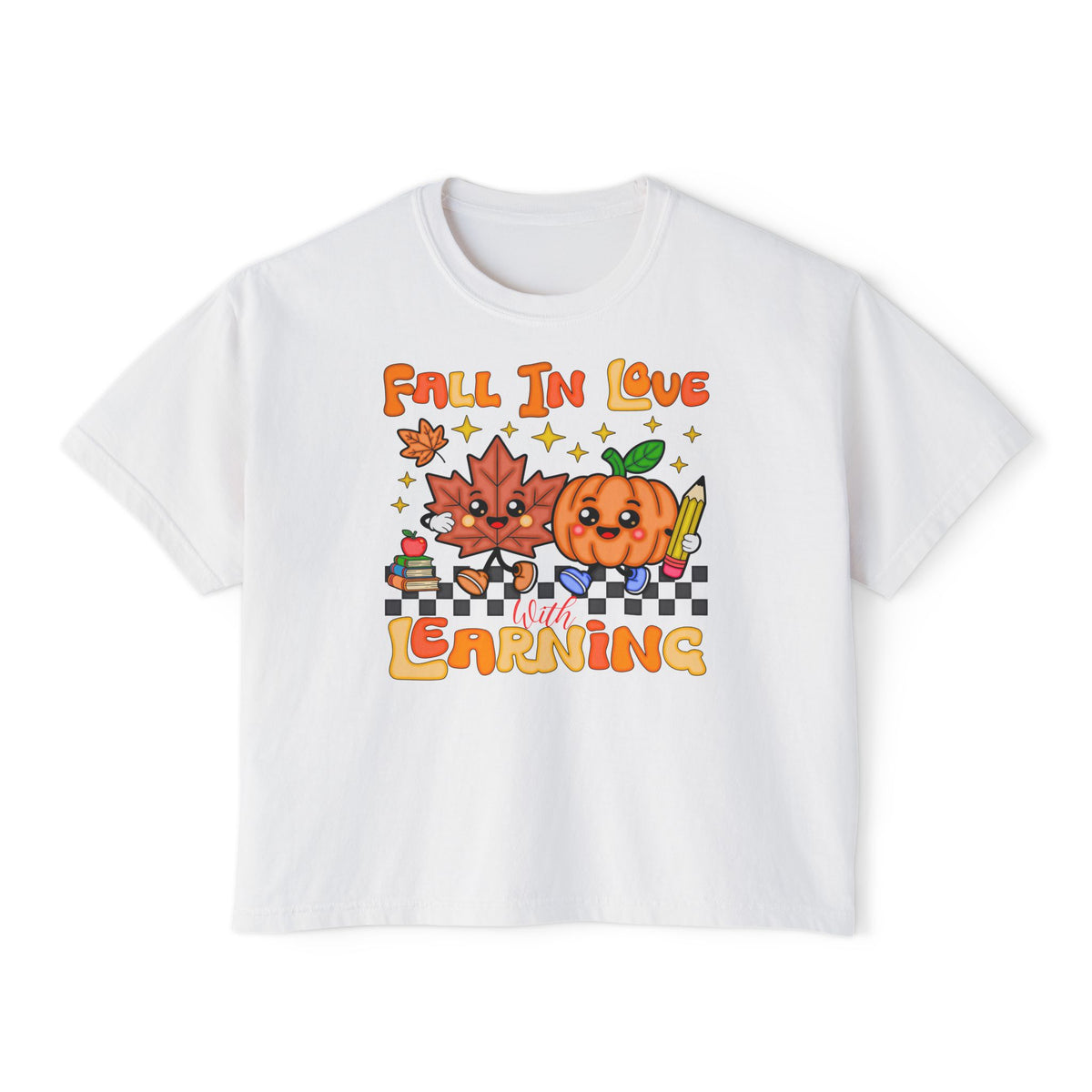 Fall In Love With Learning Tee — Cute Pumpkin & Leaves Teacher Shirt ( Boxy tee)