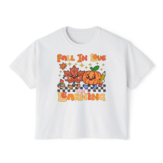 Fall In Love With Learning Tee — Cute Pumpkin & Leaves Teacher Shirt ( Boxy tee)