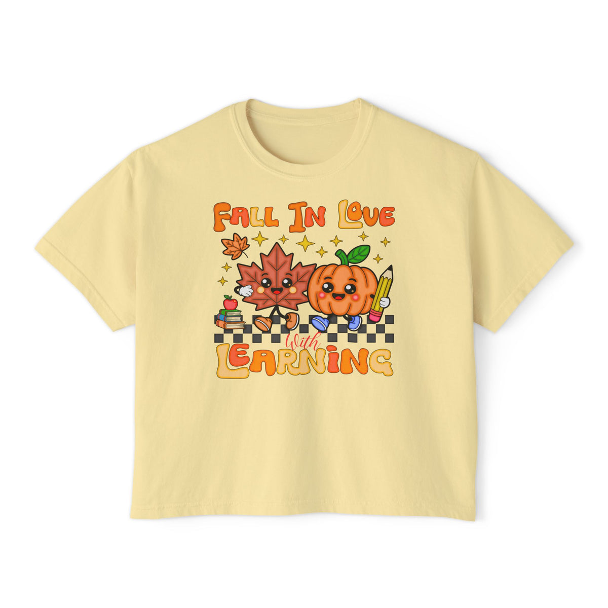 Fall In Love With Learning Tee — Cute Pumpkin & Leaves Teacher Shirt ( Boxy tee)